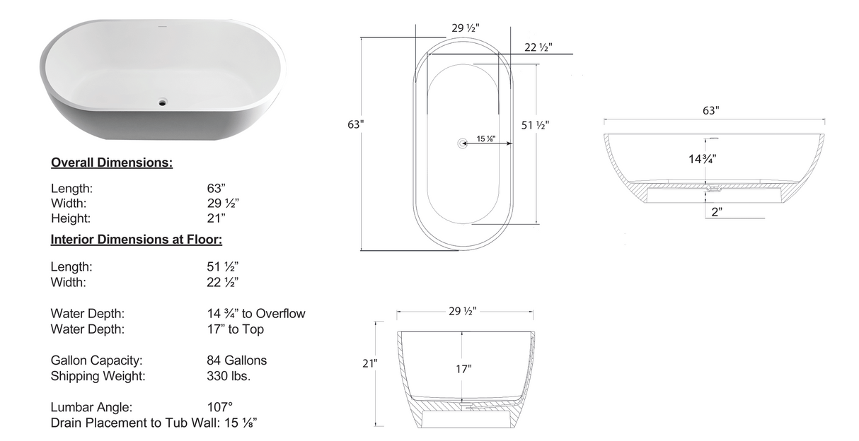 Jasper 63" Solid Surface Stone Resin Freestanding Tub – New England Home Goods
