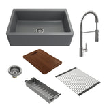 BOCCHI 1600-506-2020SS Kit: 1600 Arona Apron-Front 33 in. Single Bowl Granite Composite Kitchen Sink with Integrated Workstation and Accessories w/ Livenza 2.0 Faucet