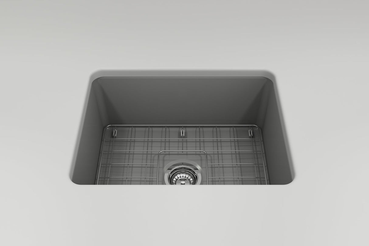 BOCCHI 1627-006-0120 Sotto Dual-Mount Fireclay 24 in. Single Bowl Kitchen Sink with Protective Bottom Grid and Strainer in Matte Gray