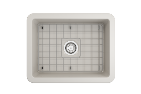 BOCCHI 1627-014-0120 Sotto Dual-Mount Fireclay 24 in. Single Bowl Kitchen Sink with Protective Bottom Grid and Strainer in Biscuit