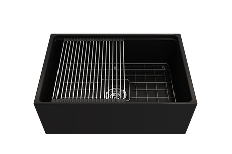 BOCCHI 1628-004-0120 Contempo Step-Rim Apron Front Fireclay 27 in. Single Bowl Kitchen Sink with Integrated Work Station & Accessories in Matte Black