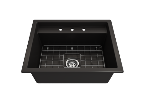 BOCCHI 1633-004-0127 Baveno Uno Dual-Mount with Integrated Workstation Fireclay 27 in. Single Bowl Kitchen Sink 3-hole with Accessories in Matte Black