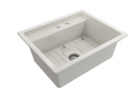 BOCCHI 1633-014-0132 Baveno Uno Dual-Mount with Integrated Workstation Fireclay 27 in. Single Bowl Kitchen Sink 2-hole with Accessories in Biscuit