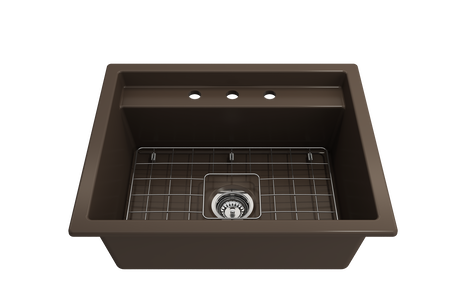 BOCCHI 1633-025-0127 Baveno Uno Dual-Mount with Integrated Workstation Fireclay 27 in. Single Bowl Kitchen Sink 3-hole with Accessories in Matte Brown