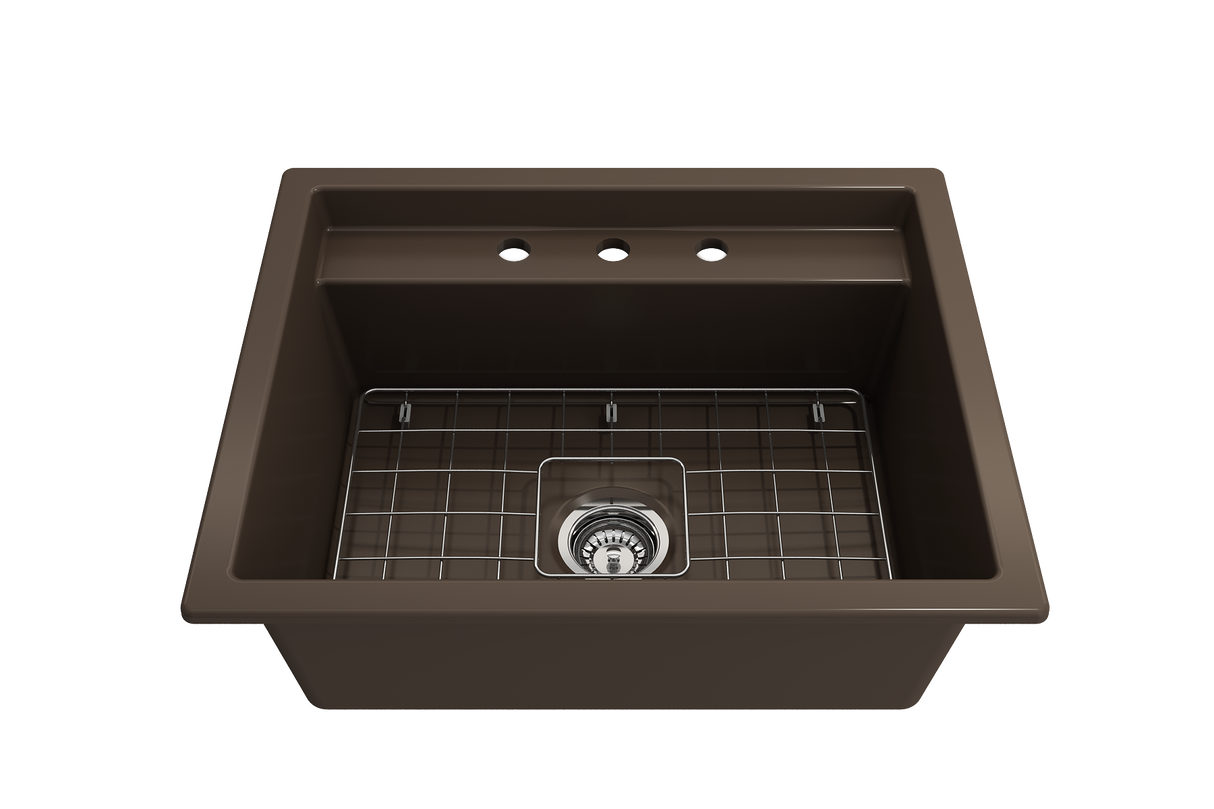 BOCCHI 1633-025-0127 Baveno Uno Dual-Mount with Integrated Workstation Fireclay 27 in. Single Bowl Kitchen Sink 3-hole with Accessories in Matte Brown