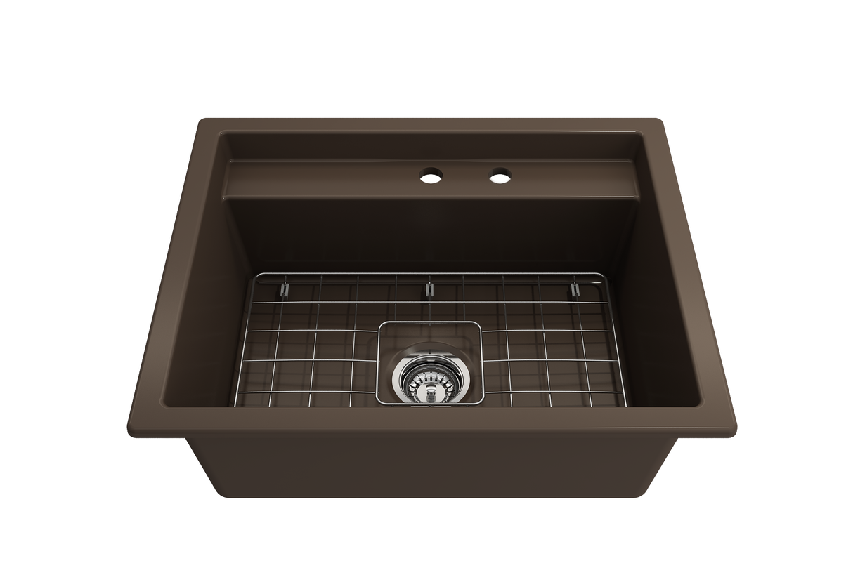 BOCCHI 1633-025-0132 Baveno Uno Dual-Mount with Integrated Workstation Fireclay 27 in. Single Bowl Kitchen Sink 2-hole with Accessories in Matte Brown