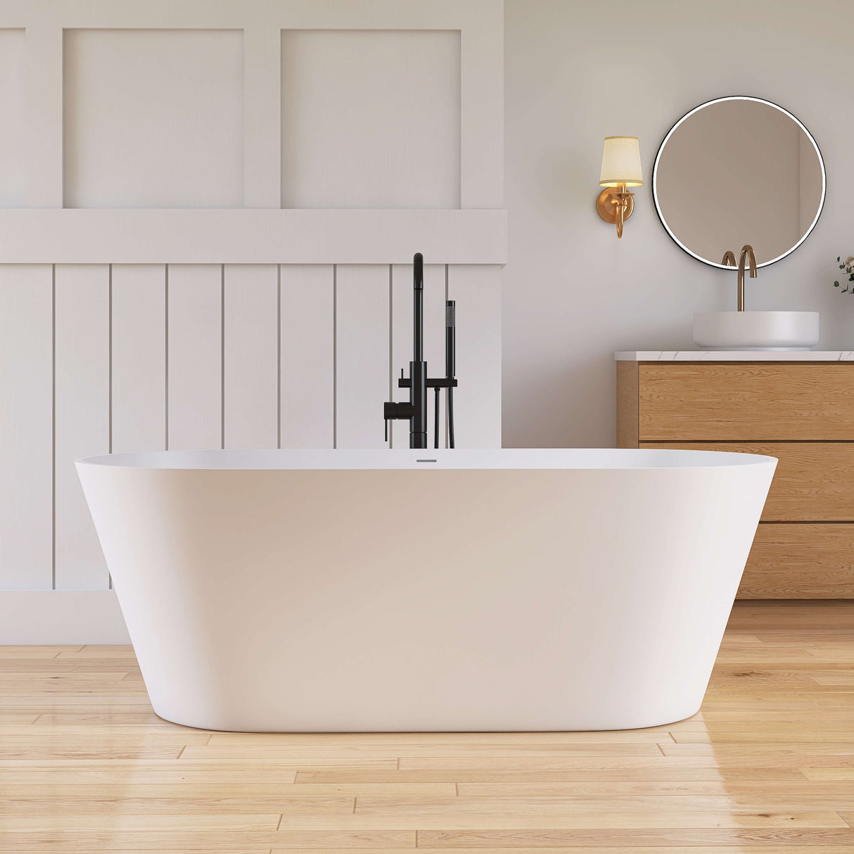 New England Home Goods Aconcagua 63" Freestanding Tub in White - Stone Resin Solid Surface