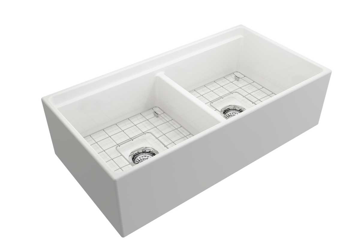 BOCCHI 1348-001-2020CH Kit: 1348 Contempo Step-Rim Apron Front Fireclay 36 in. Double Bowl Kitchen Sink with Integrated Work Station & Accessories w/ Livenza 2.0 Faucet