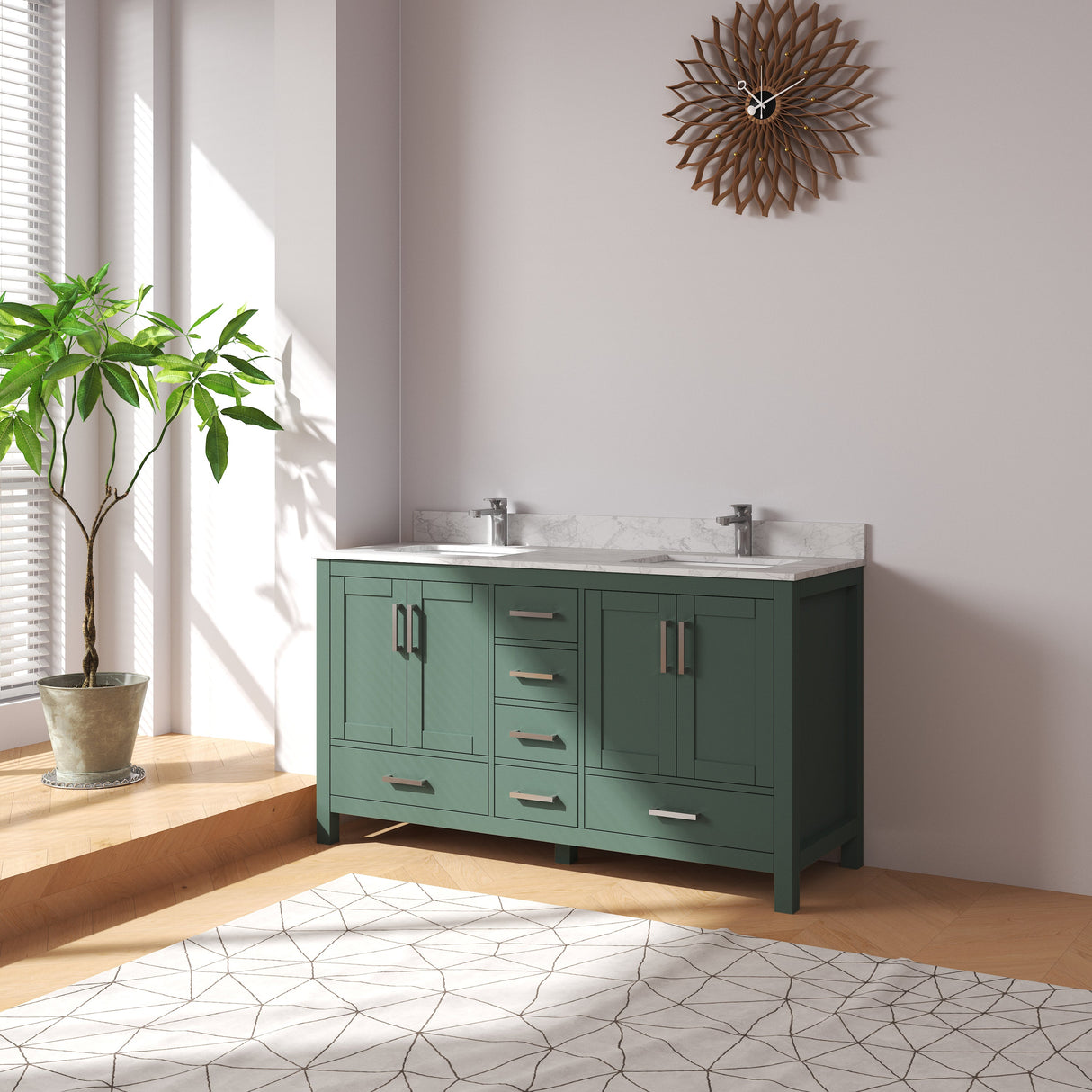 New England Home Goods Long 60" Double Sink Vanity in Green - Engineered Wood; Stone Top