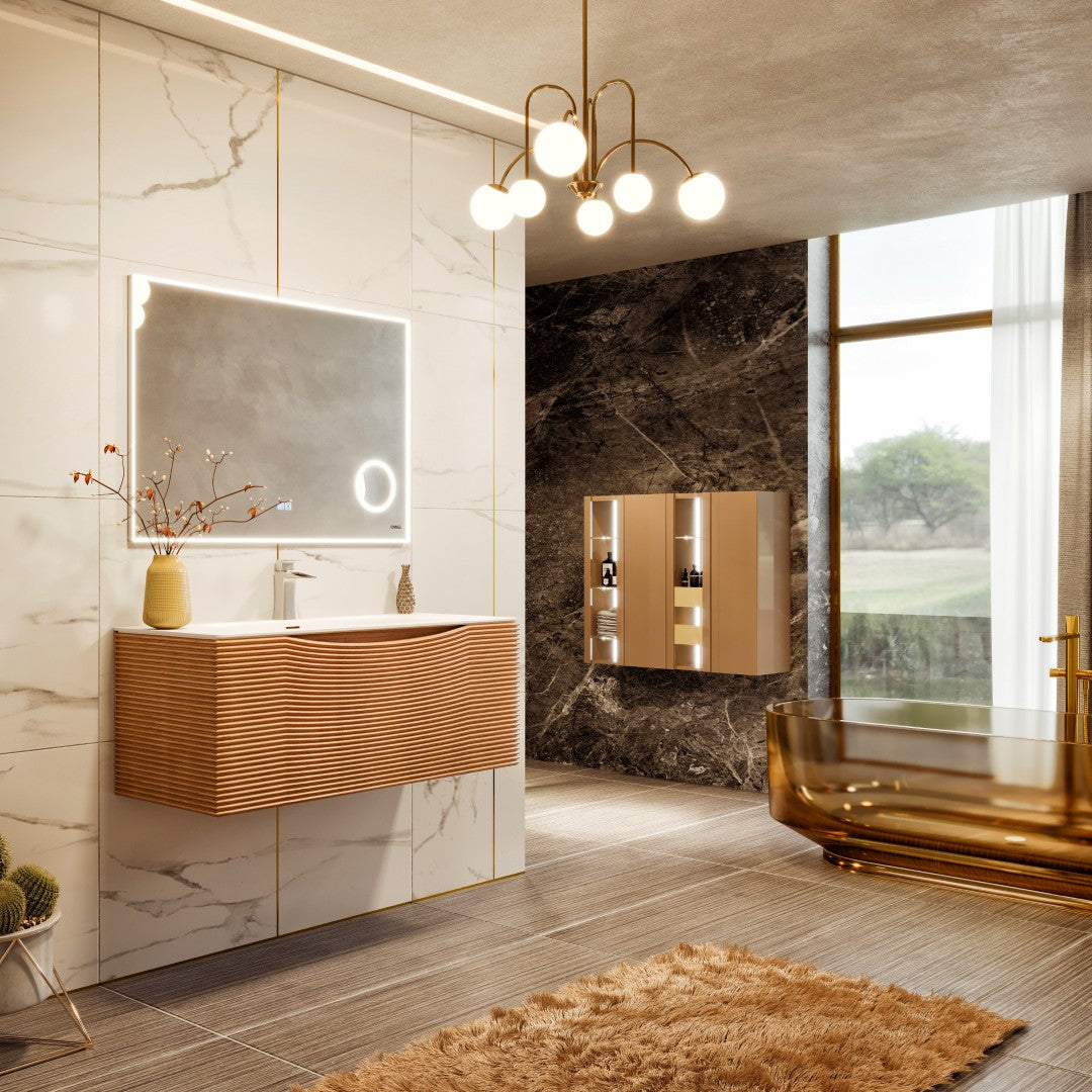 Leah 32 in. Medium Oak Wall Mount Single Sink Bath Vanity with Solid Surface Top and Integrated Sink