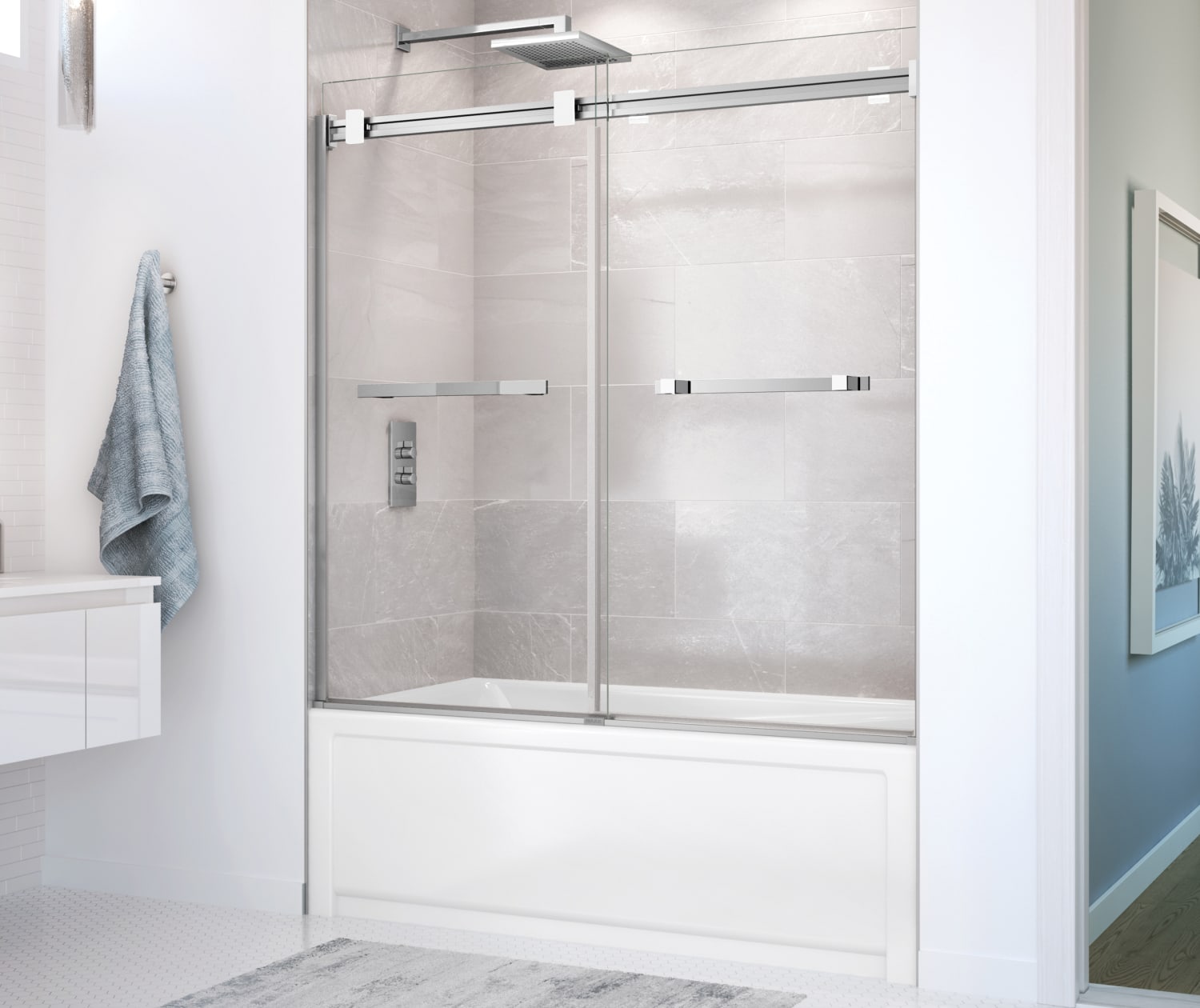 MAAX 136270-900-280-000 Duel 56-59 x 55 ½ x 59 in. 8 mm Bypass Tub Door for Alcove Installation with Clear glass in Chrome & Matte White