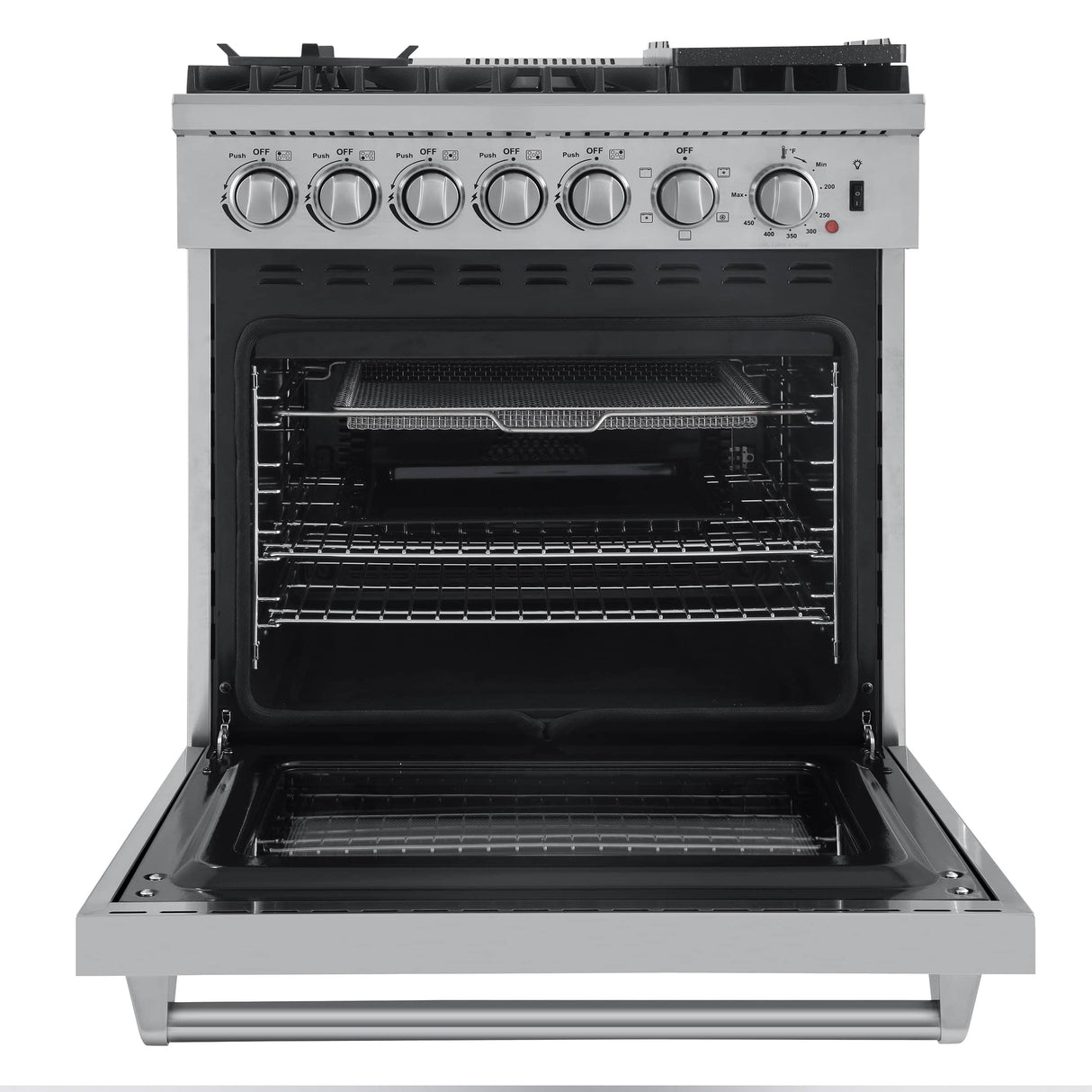 Forno 5-Piece Appliance Package - 30-Inch Dual Fuel Range with Air Fryer, Refrigerator with Water Dispenser, Wall Mount Hood with Backsplash, Microwave Oven, & 3-Rack Dishwasher in Stainless Steel