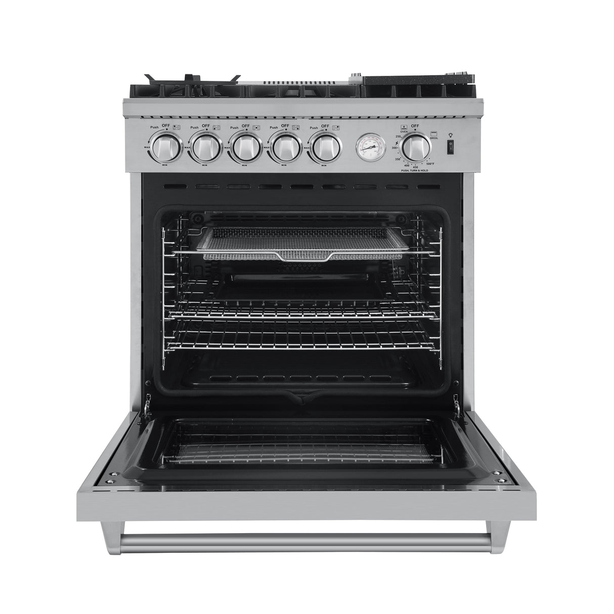 Forno 3-Piece Appliance Package - 30-Inch Gas Range with Air Fryer, French Door Refrigerator, and Dishwasher in Stainless Steel