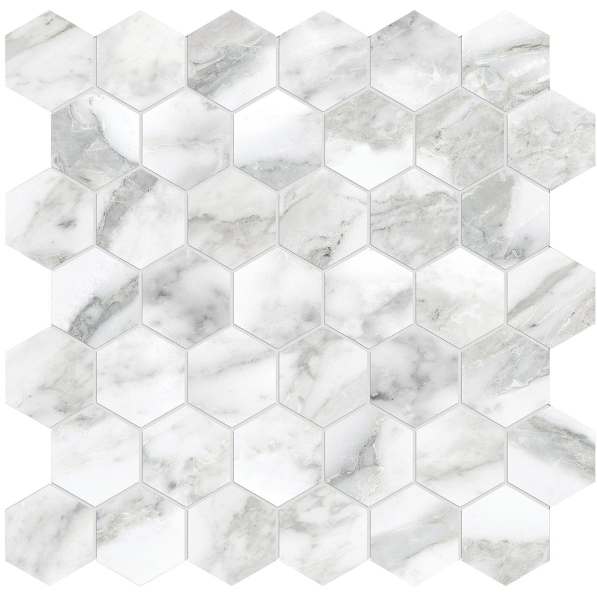Anatolia Tile La Marca 2 Inch Hexagon Arabescato Honed Porcelain Mosaics. 1 Sheet = .96 Sq. Ft. 4501-0349-0 Arabescato 2" Hexagon Honed - premium natural stone mosaic tile from Anatolia Tile, available at PoshHaus showroom in Keene, NH