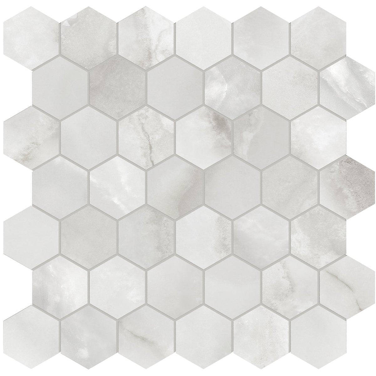 Anatolia Tile La Marca 2 Inch Hexagon Onyx Honed Porcelain Mosaics. 1 Sheet = .96 Sq. Ft. 4501-0354-0 Onyx Nuvolato 2" Hexagon Honed - premium natural stone mosaic tile from Anatolia Tile, available at PoshHaus showroom in Keene, NH