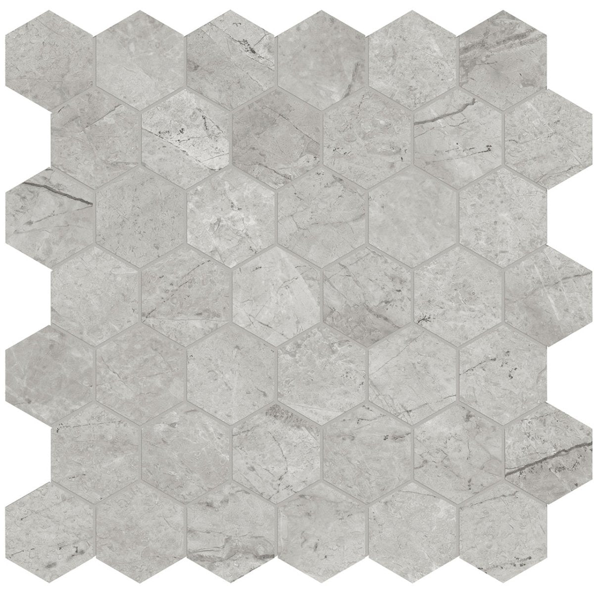 Anatolia Tile La Marca 2 Inch Hexagon Paradiso Polished Porcelain Mosaics. 1 Sheet = .96 Sq. Ft. 4501-0344-0 Paradiso Argento 2" Hexagon Polished - premium natural stone mosaic tile from Anatolia Tile, available at PoshHaus showroom in Keene, NH
