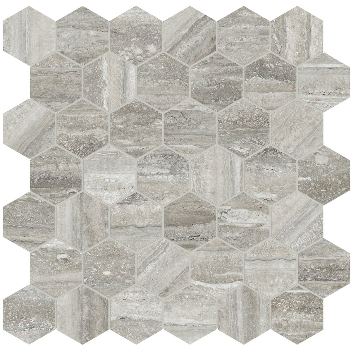 Anatolia Tile La Marca 2 Inch Hexagon Travertino Polished Porcelain Mosaics. 1 Sheet = .96 Sq. Ft. 4501-0346-0 Travertino Instrata 2" Hexagon Polished - premium natural stone mosaic tile from Anatolia Tile, available at PoshHaus showroom in Keene, NH
