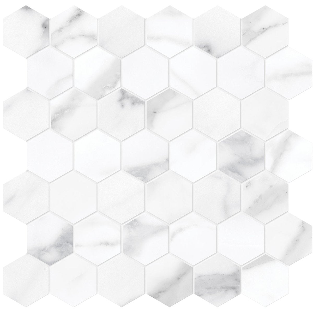 Anatolia Tile La Marca 2 Inch Hexagon Statuario Polished Porcelain Mosaics. 1 Sheet = .96 Sq. Ft. 4501-0347-0 Statuario Nuovo 2" Hexagon Polished - premium natural stone mosaic tile from Anatolia Tile, available at PoshHaus showroom in Keene, NH