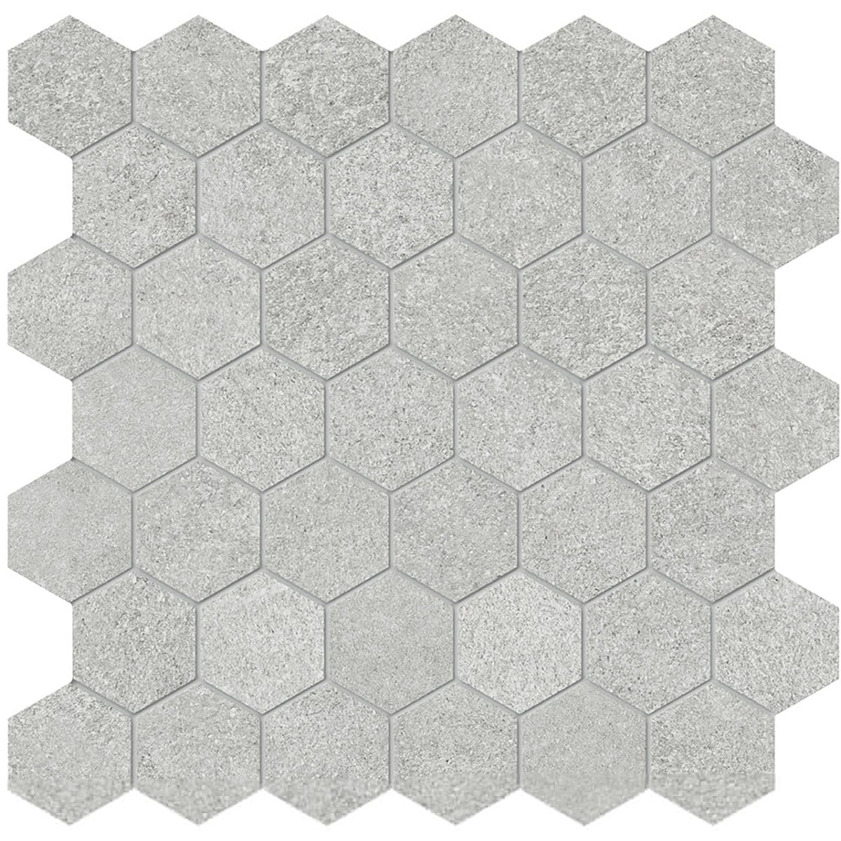Anatolia Tile 2" Mjork Color Body Porcelain Ash Hexagon 42 Piece Mosaic 4501-0379-0 1 Sheet = .97 Sq. Ft." Ash 2" Hexagon - premium natural stone mosaic tile from Anatolia Tile, available at PoshHaus showroom in Keene, NH