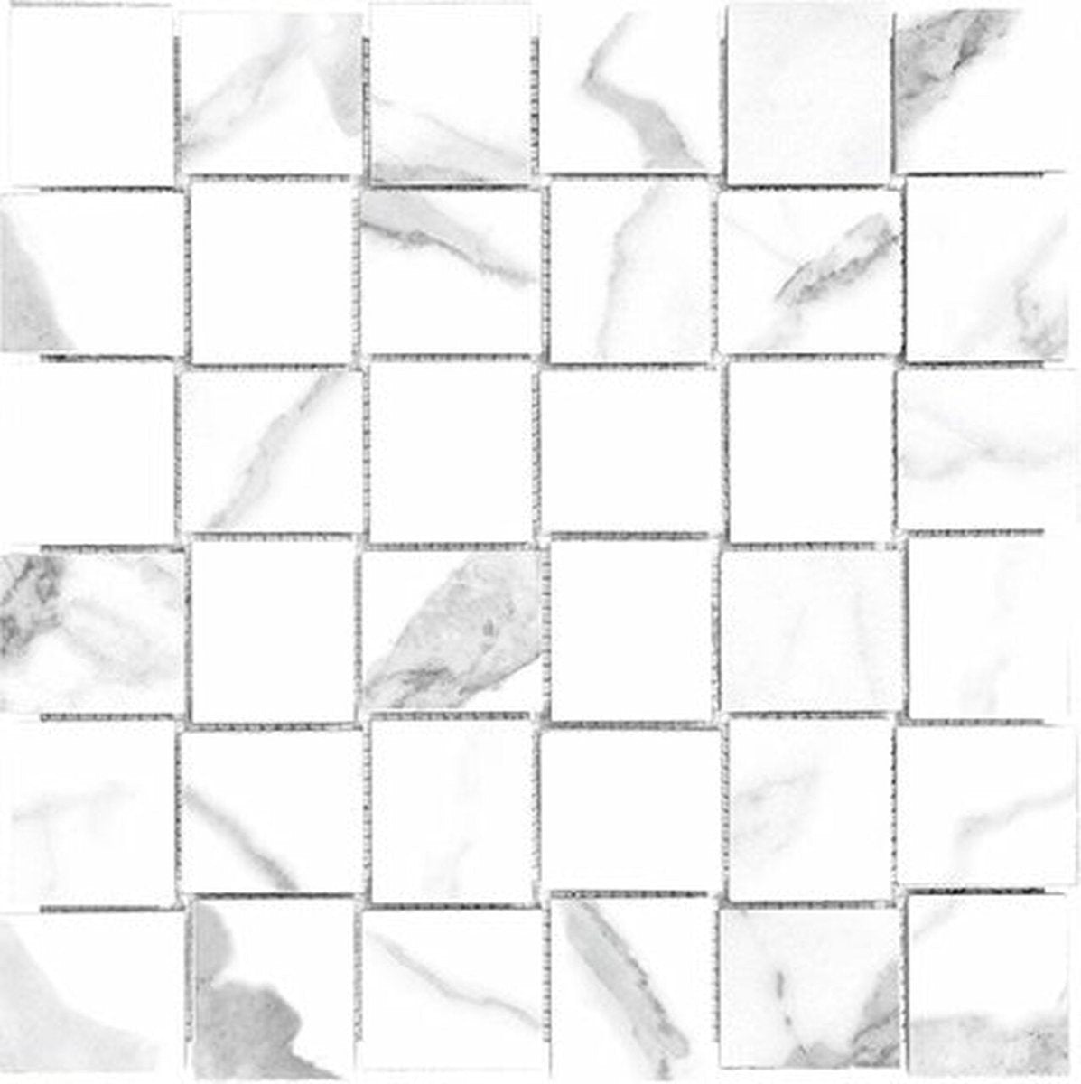 Anatolia Tile 2X2 Basketweave Mayfair Statuario Venato Matte Porcelain Mosaics. 1 Sheet = .98 Sq. Ft. 4501-0139-1 Statuario Venato 2x2 Basketweave Matte - premium natural stone mosaic tile from Anatolia Tile, available at PoshHaus showroom in Keene, NH