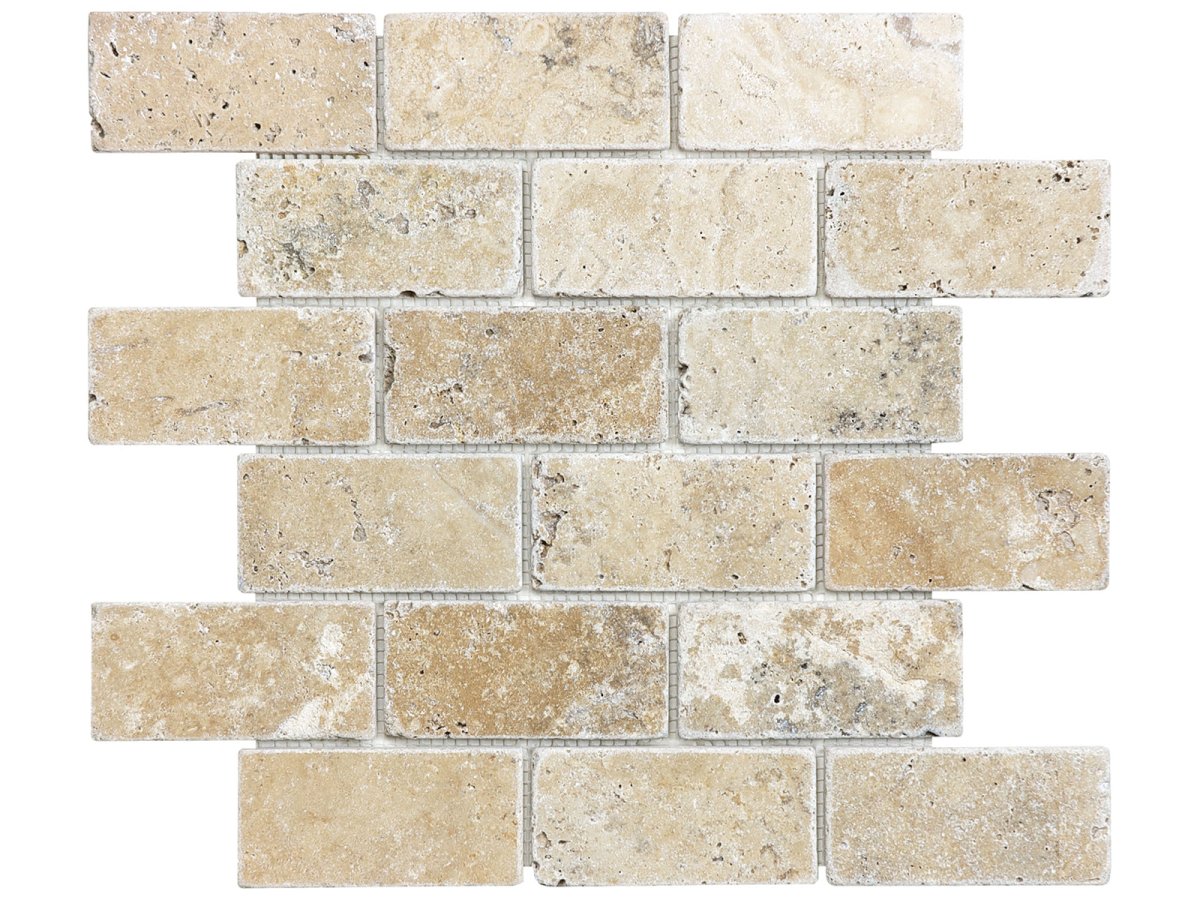 Anatolia Tile 2X4 Picasso Tumbled Travertine Natural Stone Brick Mosaics 1 Sheet = 1 Sq. Ft. 5001-0108-0 (76-125) Picasso 2x4 Brick - premium natural stone mosaic tile from Anatolia Tile, available at PoshHaus showroom in Keene, NH