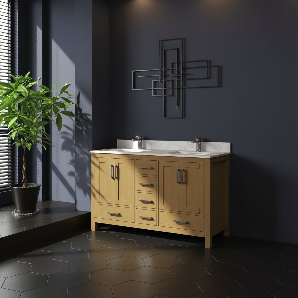 New England Home Goods Etna 55" Single Sink Vanity in White with Double Bowl Quartz Top