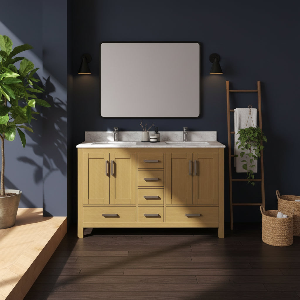 New England Home Goods Etna 55" Single Sink Vanity in White with Double Bowl Quartz Top