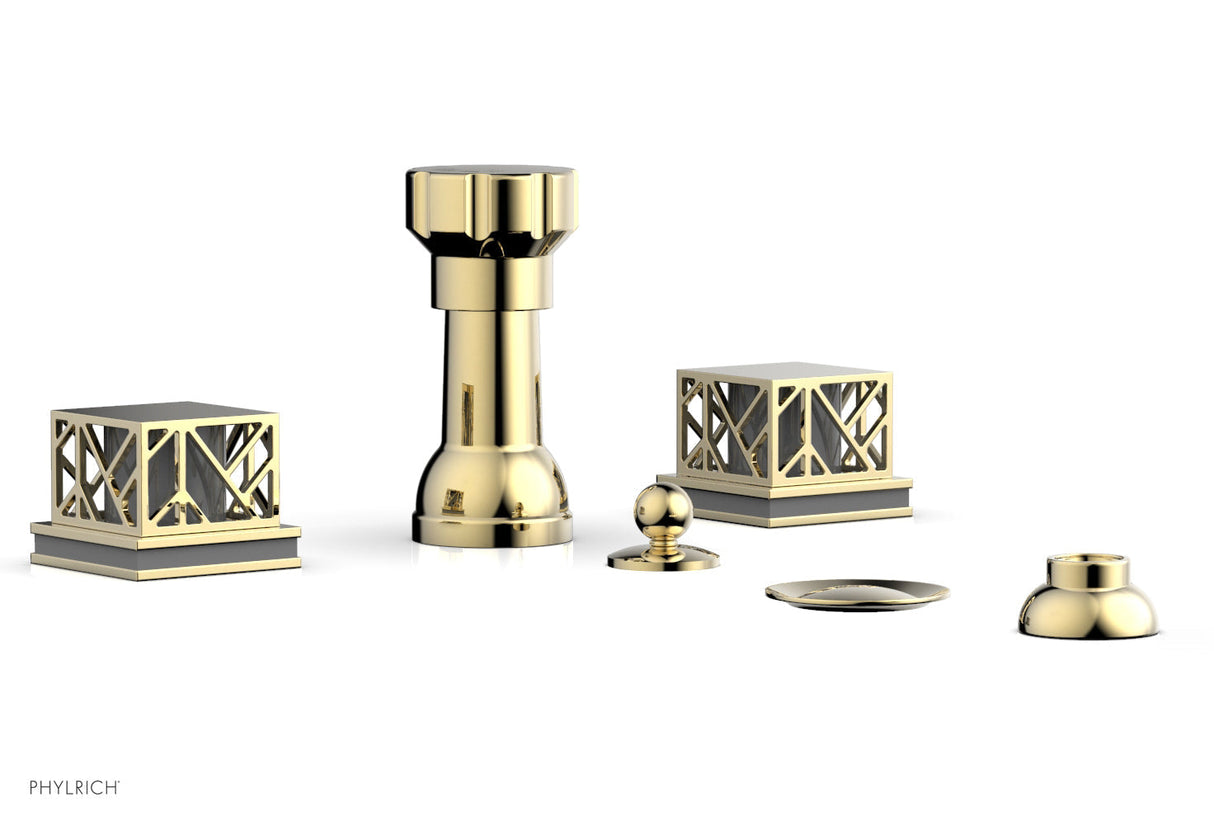 Phylrich 222-61-03UX051 JOLIE Four Hole Bidet Set - Square Handles with "White Accents" 222-61 - Polished Brass Uncoated