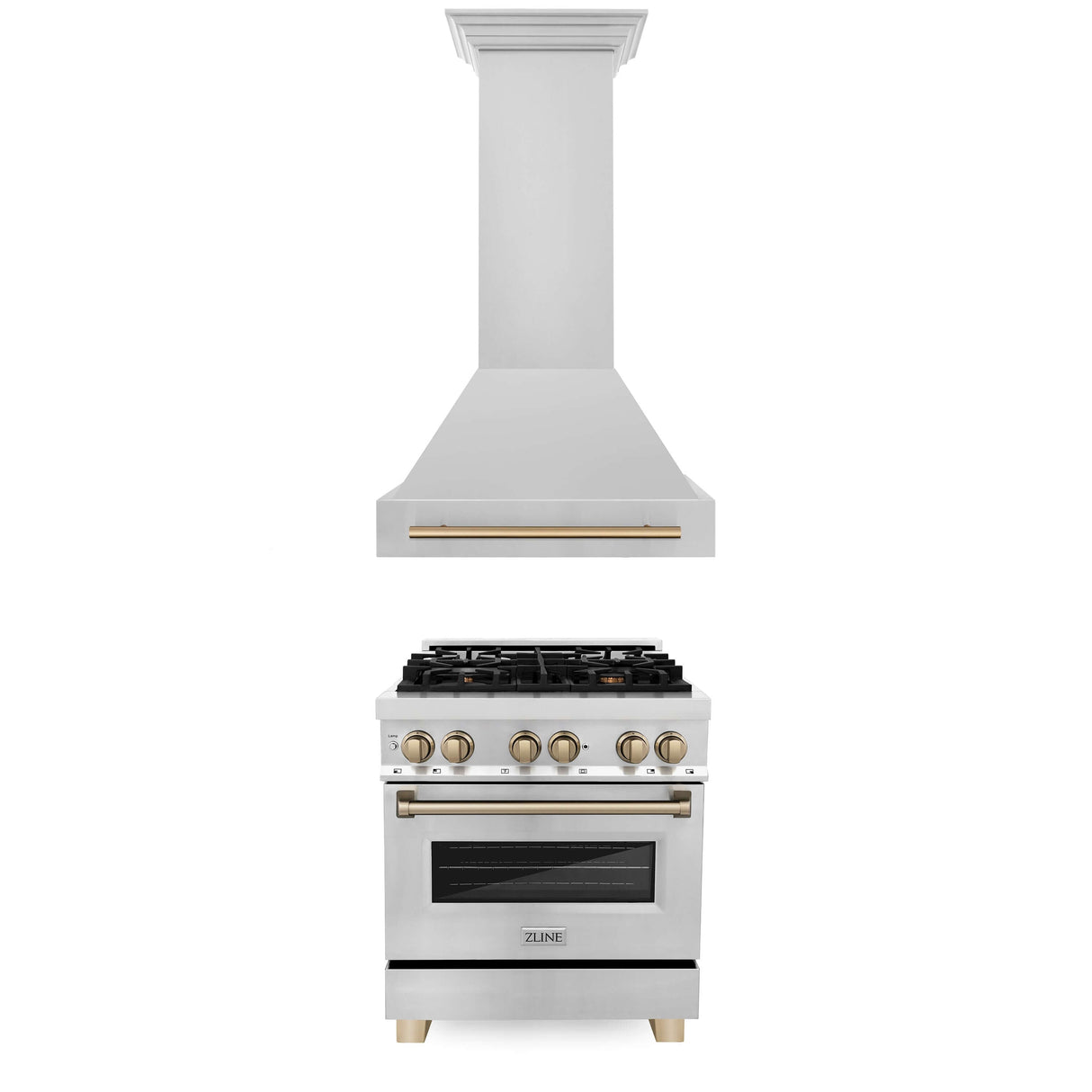 ZLINE Autograph Edition 30 in. Kitchen Package with Stainless Steel Dual Fuel Range and Range Hood with Champagne Bronze Accents (2AKP-RARH30-CB)