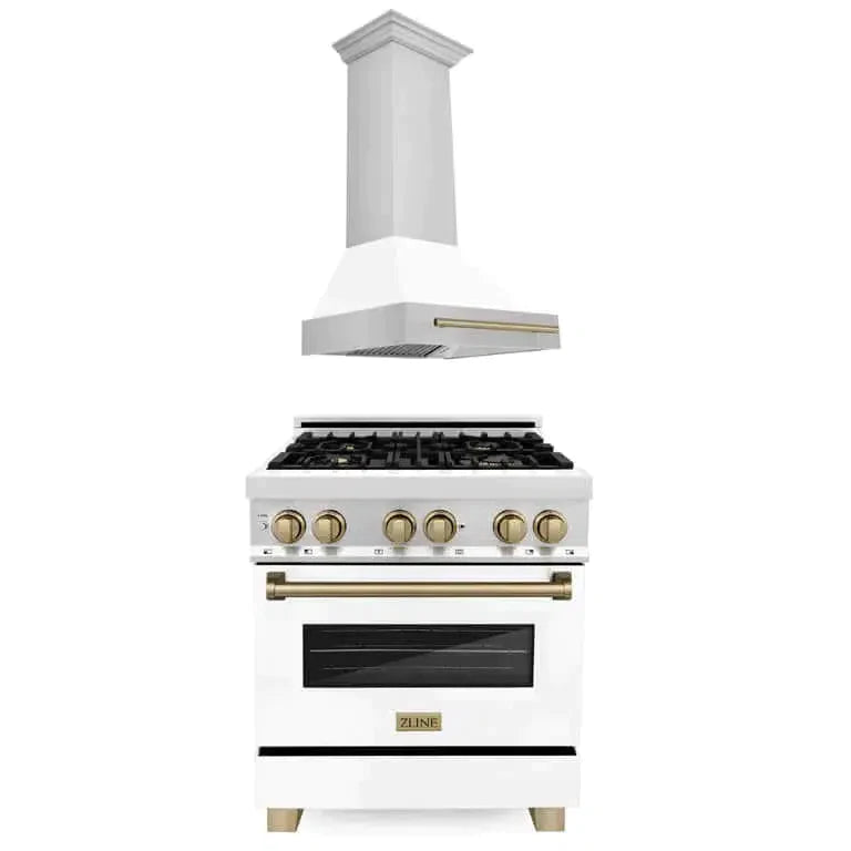 ZLINE Autograph Edition 30 in. Kitchen Package with Stainless Steel Dual Fuel Range with White Matte Door and Range Hood with Champagne Bronze Accents (2AKP-RAWMRH30-CB)