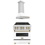 ZLINE Autograph Edition 30 in. Kitchen Package with Stainless Steel Dual Fuel Range with White Matte Door and Range Hood with Champagne Bronze Accents (2AKP-RAWMRH30-CB)