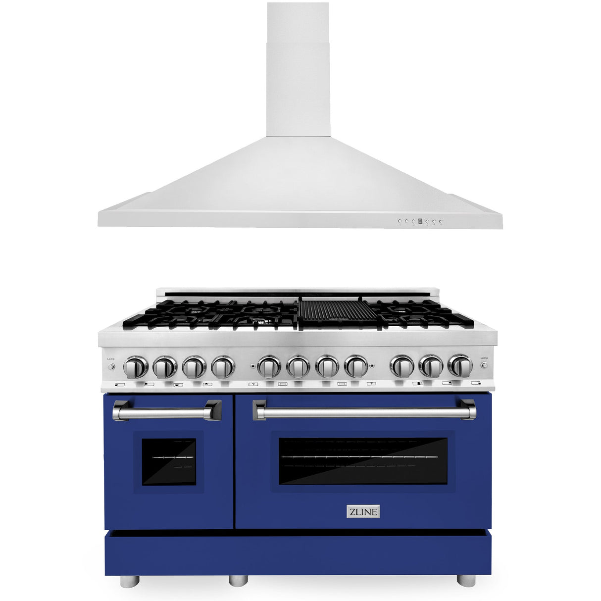 ZLINE 48 in. Kitchen Package with Stainless Steel Dual Fuel Range with Blue Gloss Door and Convertible Vent Range Hood (2KP-RABGRH48)