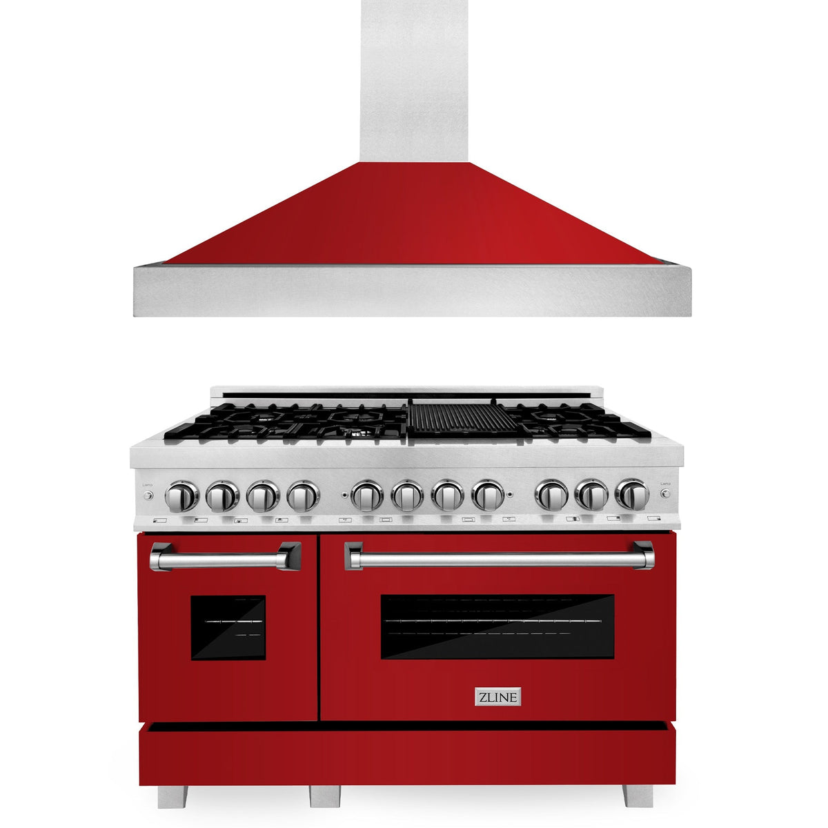 ZLINE 48 in. Kitchen Package with DuraSnow® Stainless Steel Dual Fuel Range with Red Gloss Doors and Convertible Vent Range Hood (2KP-RASRGRH48)