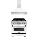 ZLINE 30 in. Kitchen Package with DuraSnow Stainless Steel Dual Fuel Range with White Matte Door and Convertible Vent Range Hood (2KP-RASWMRH30)