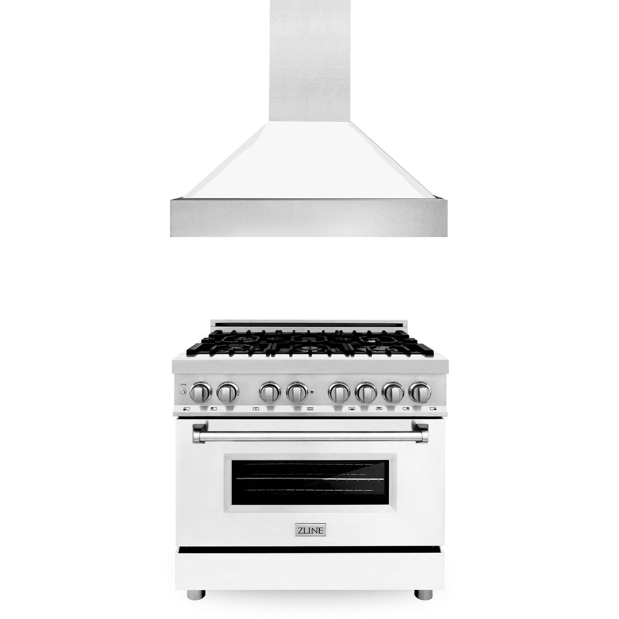 ZLINE 36 in. Kitchen Package with Stainless Steel Dual Fuel Range with White Matte Door and Convertible Vent Range Hood (2KP-RAWMRH36)