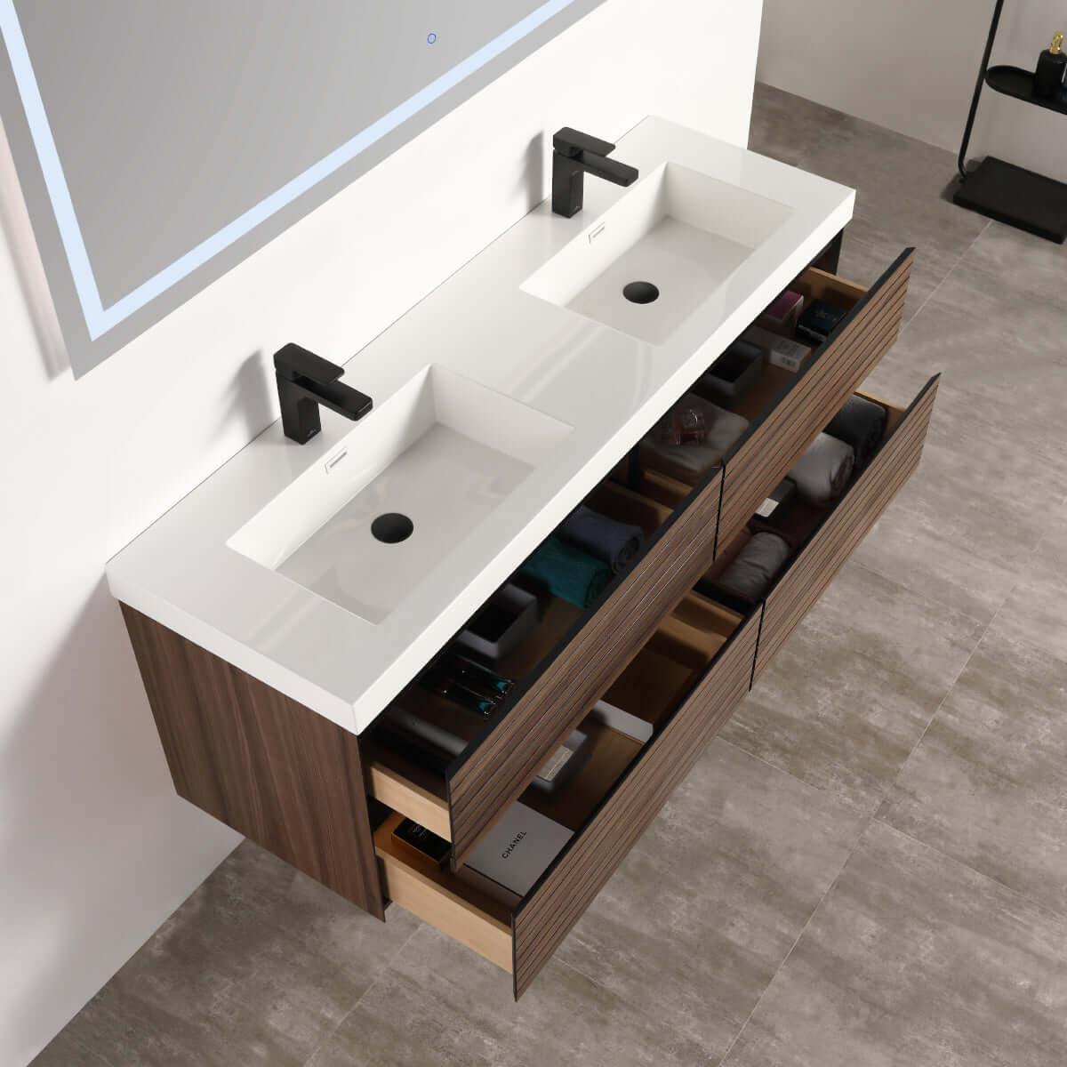 Blossom Annecy 48" Double Sink Wall-Hung Vanity - Modern Minimalist Design with Soft-Closing Drawers in Dark Walnut and Maple