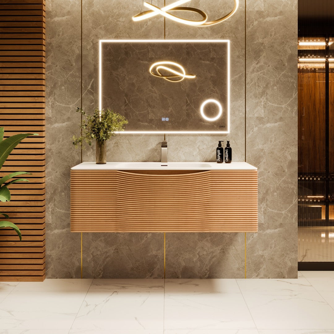 Leah 39 in. Medium Oak Wall Mount Single Sink Bath Vanity with Solid Surface Top and Integrated Sink