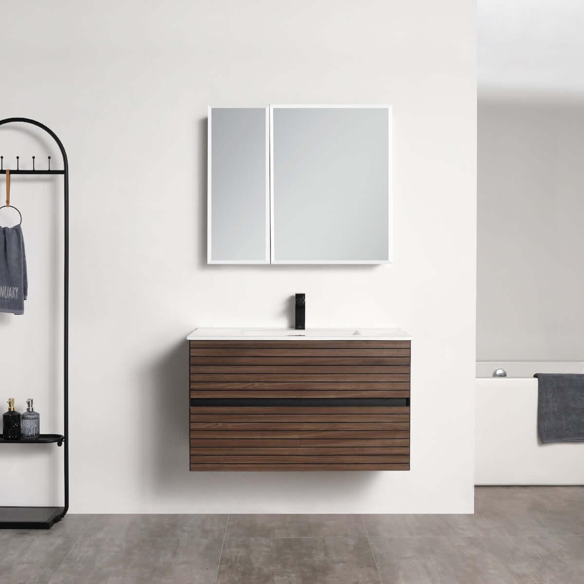 Blossom Annecy 36″ Wall-Hung Vanity - Modern Minimalist Design with Soft-Closing Drawers in Dark Walnut and Maple