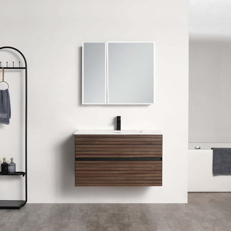 Blossom Annecy 36″ Wall-Hung Vanity - Modern Minimalist Design with Soft-Closing Drawers in Dark Walnut and Maple