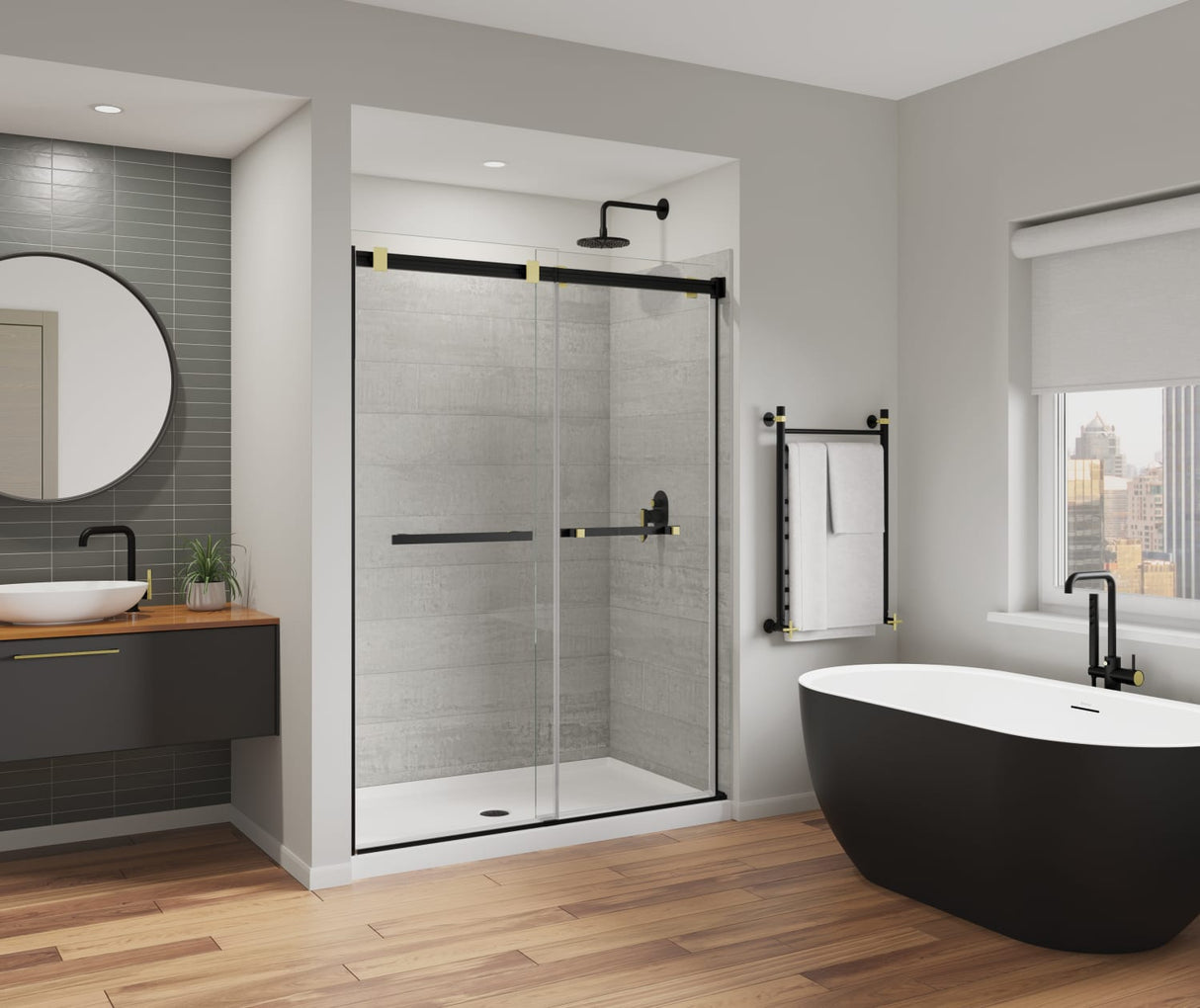 MAAX 136955-810-380-000 Duel Alto 56-59 X 78 in. 8mm Bypass Shower Door for Alcove Installation with GlassShield® glass in Matte Black & Brushed Gold