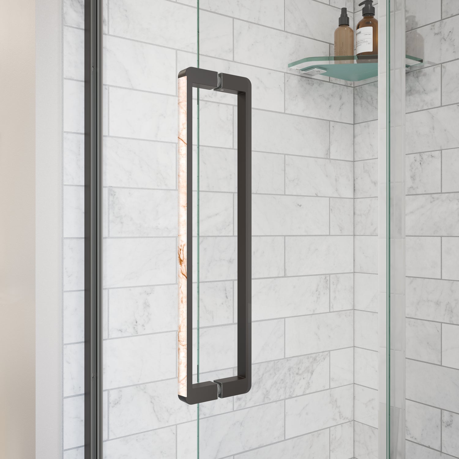 MAAX 135326-900-283-000 Uptown 57-59 x 76 in. 8 mm Pivot Shower Door for Alcove Installation with Clear glass in Dark Bronze & Beige Marble