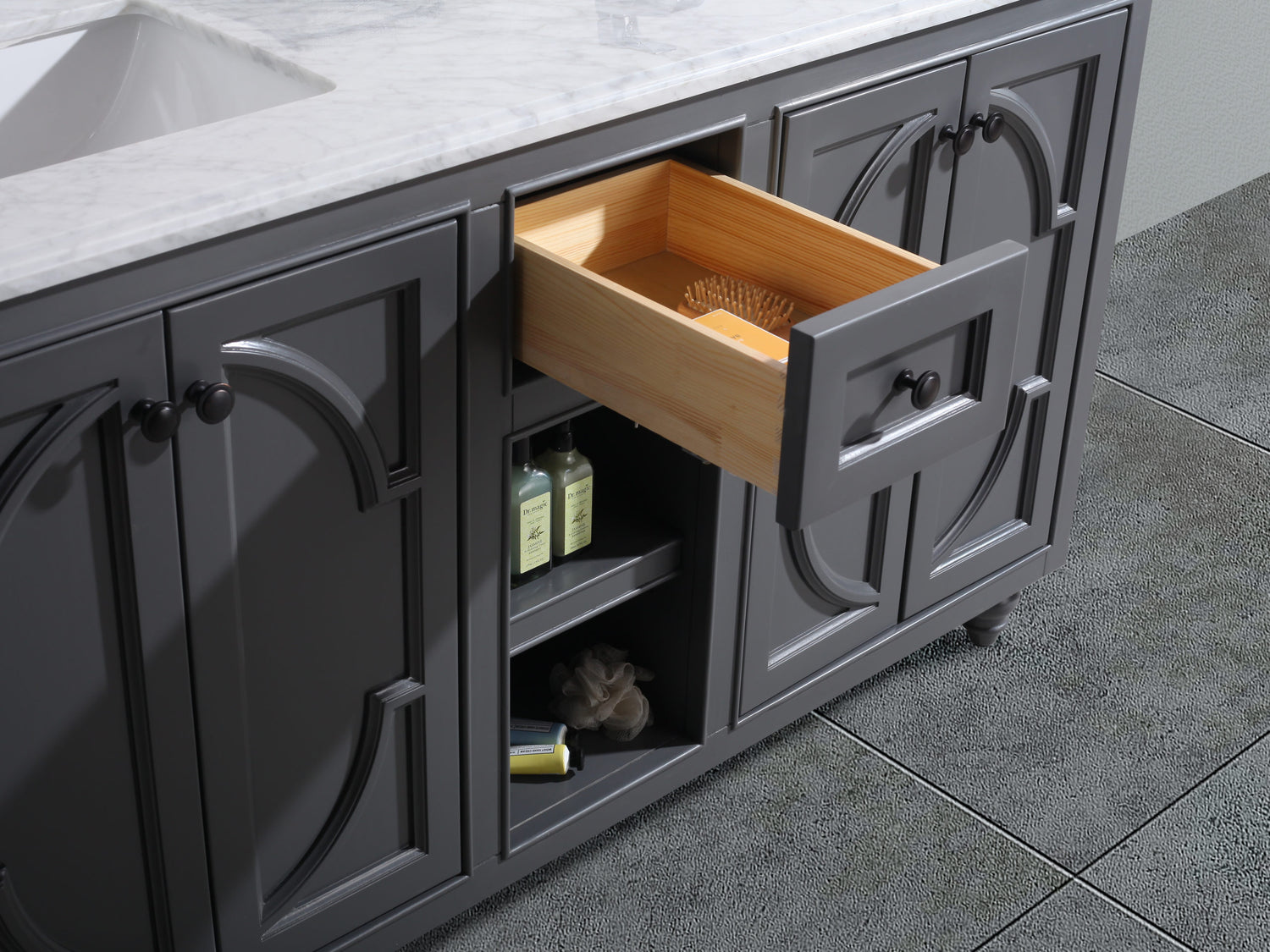Odyssey 60" Maple Grey Double Sink Bathroom Vanity with Black Wood Marble Countertop Laviva 313613-60G-BW