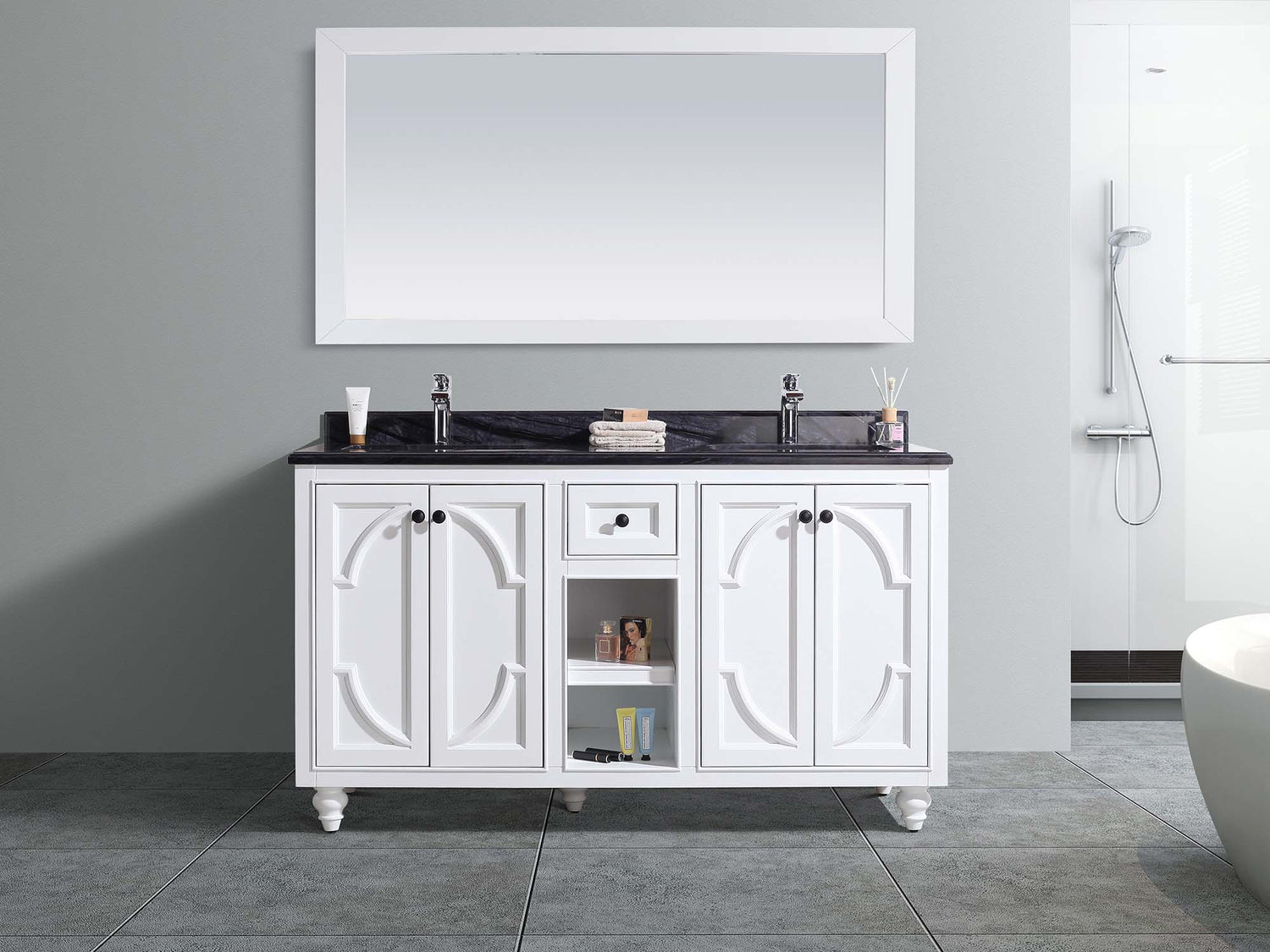 Odyssey 60" White Double Sink Bathroom Vanity with Black Wood Marble Countertop Laviva 313613-60W-BW