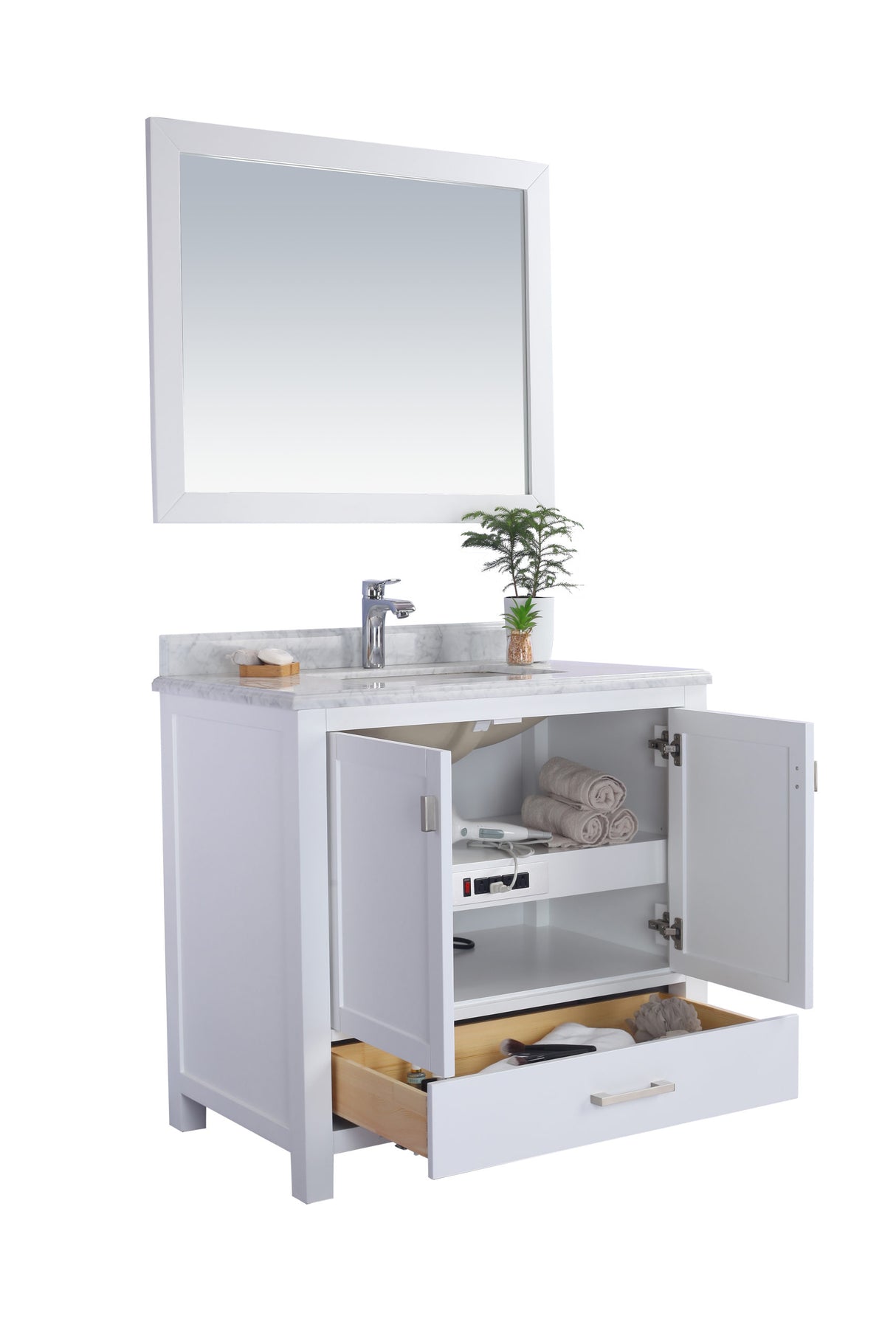 Wilson 36" White Bathroom Vanity with White Carrara Marble Countertop Laviva 313ANG-36W-WC