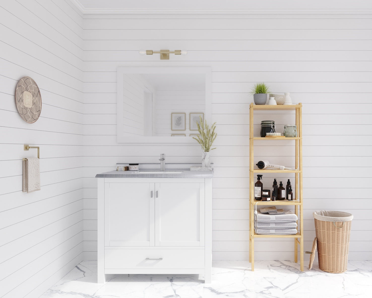 Wilson 36" White Bathroom Vanity with White Stripes Marble Countertop Laviva 313ANG-36W-WS