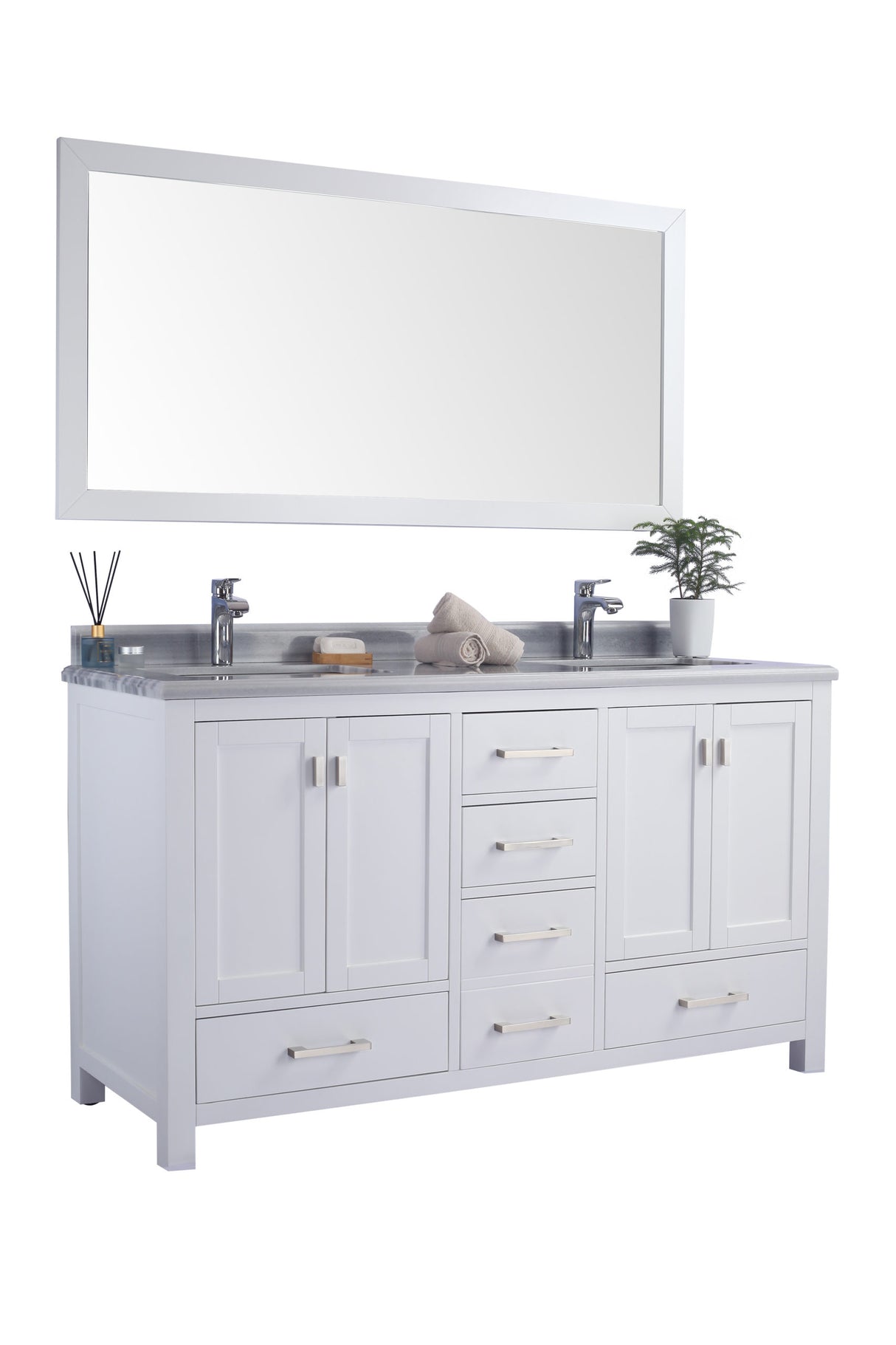 Wilson 60" White Double Sink Bathroom Vanity with White Stripes Marble Countertop Laviva 313ANG-60W-WS