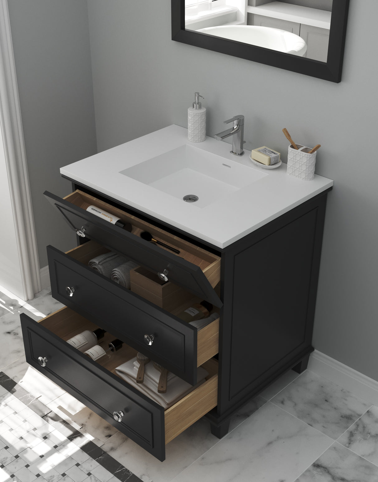 Luna 30" Espresso Bathroom Vanity with Matte White VIVA Stone Solid Surface Countertop Laviva 313DVN-30E-MW