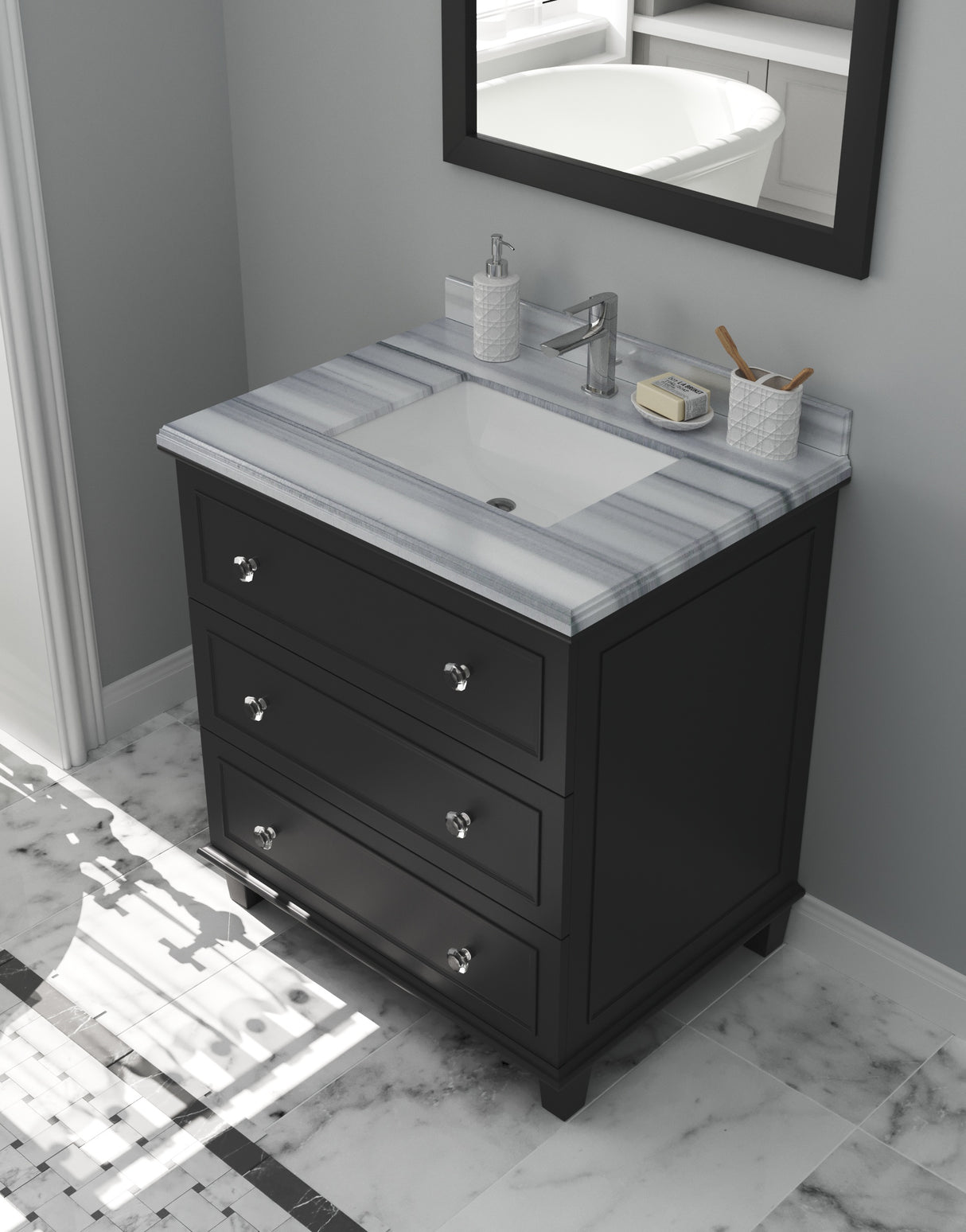 Luna 30" Espresso Bathroom Vanity with White Stripes Marble Countertop Laviva 313DVN-30E-WS