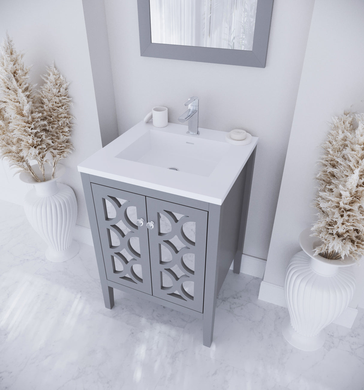 Mediterraneo 24" Grey Bathroom Vanity with Matte White VIVA Stone Solid Surface Countertop Laviva 313MKSH-24G-MW