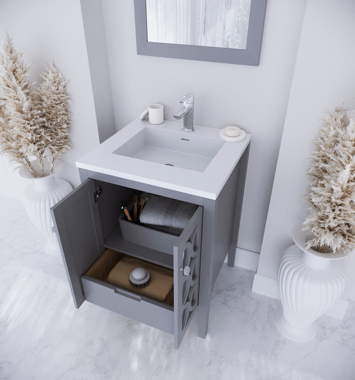 Mediterraneo 24" Grey Bathroom Vanity with Matte White VIVA Stone Solid Surface Countertop Laviva 313MKSH-24G-MW